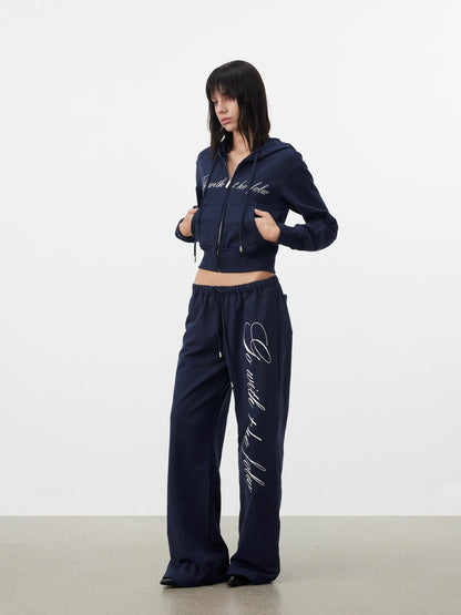 AFTADAWN Letter Embroidery Hooded Crop Loose Pants Women&