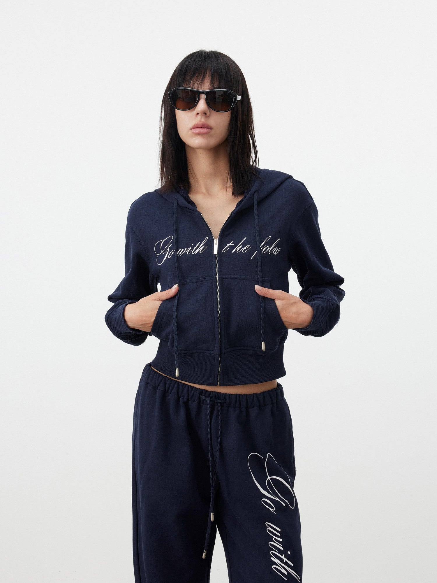 AFTADAWN Letter Embroidery Hooded Crop Loose Pants Women&