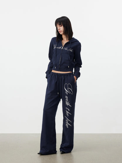 AFTADAWN Letter Embroidery Hooded Crop Loose Pants Women&