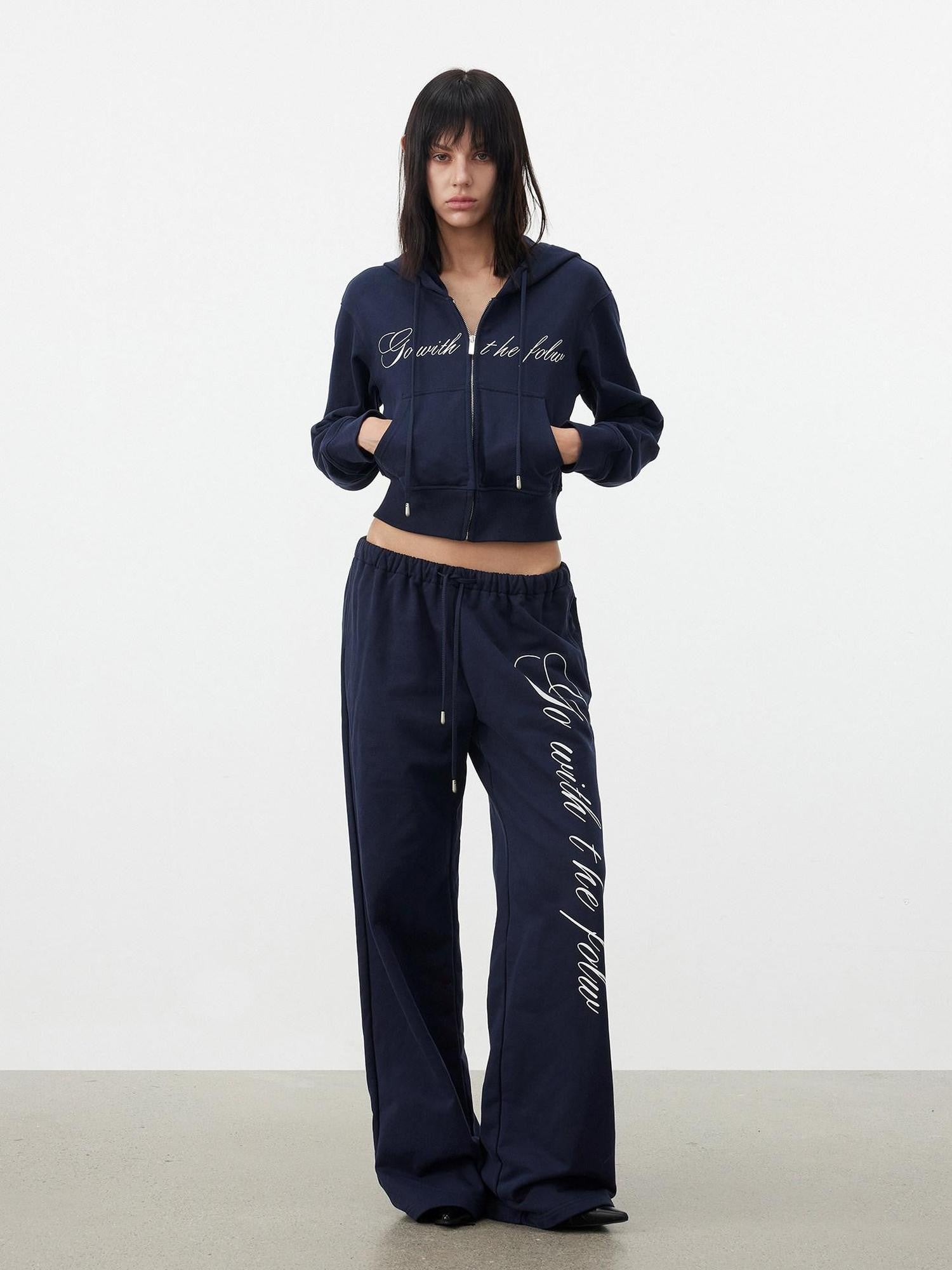 AFTADAWN Letter Embroidery Hooded Crop Loose Pants Women&