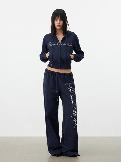 AFTADAWN Letter Embroidery Hooded Crop Loose Pants Women&