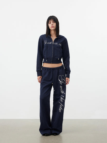 AFTADAWN Letter Embroidery Hooded Crop Loose Pants Women&