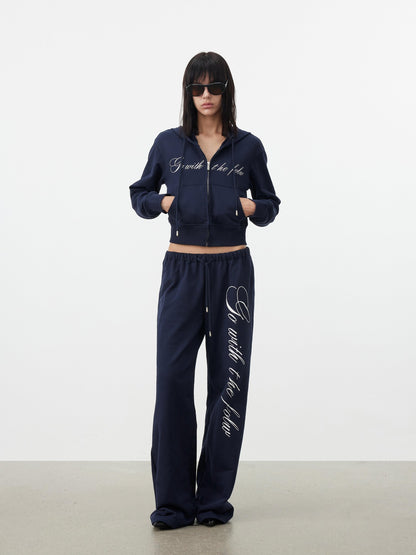 AFTADAWN Letter Embroidery Hooded Crop Loose Pants Women&