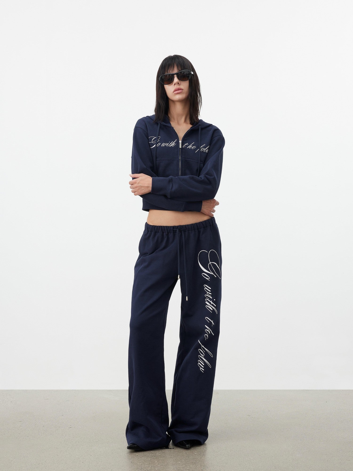 AFTADAWN Letter Embroidery Hooded Crop Loose Pants Women&
