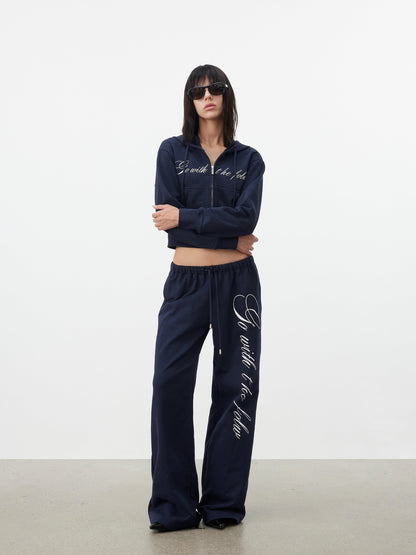 AFTADAWN Letter Embroidery Hooded Crop Loose Pants Women&