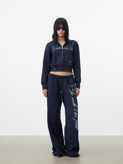AFTADAWN Letter Embroidery Hooded Crop Loose Pants Women&