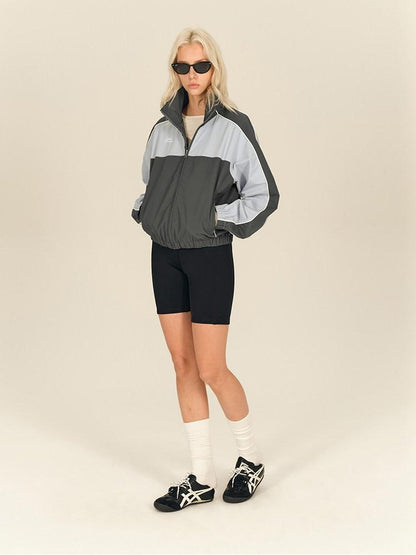 AFTADAWN Light Blue Colorblock Raglan Stand Collar Zipper Women&