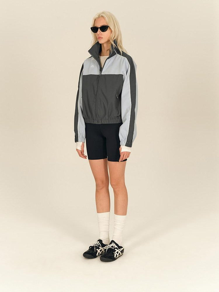 AFTADAWN Light Blue Colorblock Raglan Stand Collar Zipper Women&