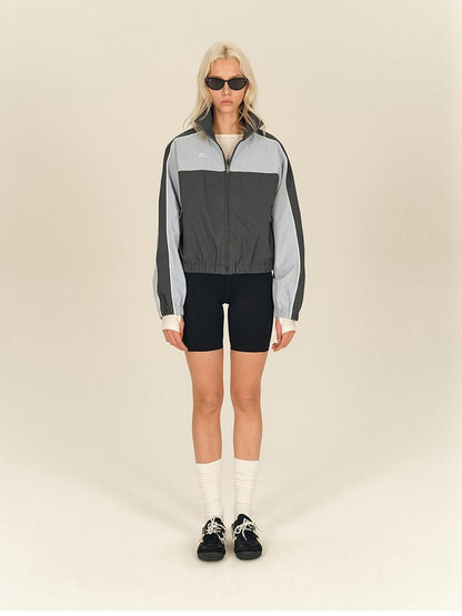 AFTADAWN Light Blue Colorblock Raglan Stand Collar Zipper Women&