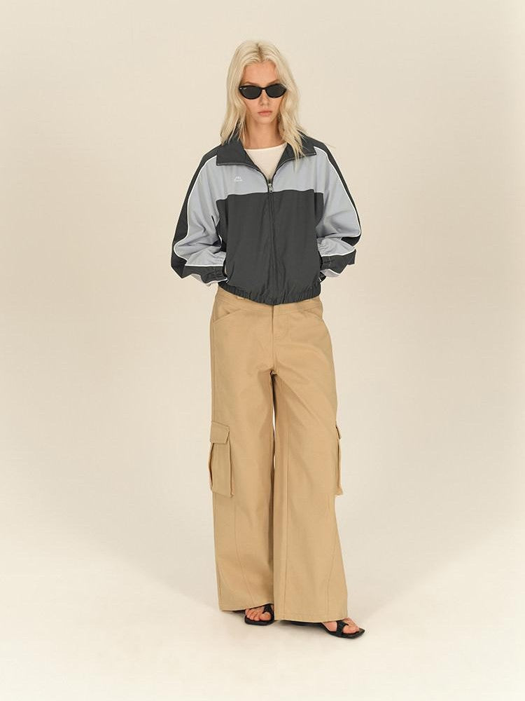 AFTADAWN Light Blue Colorblock Raglan Stand Collar Zipper Women&