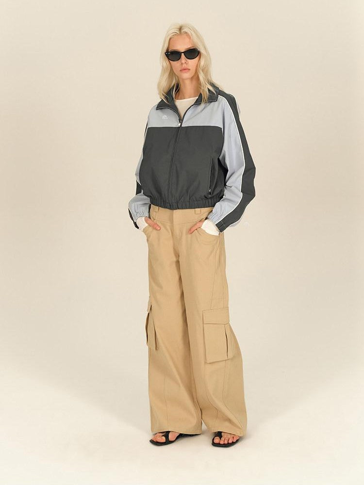AFTADAWN Light Blue Colorblock Raglan Stand Collar Zipper Women&