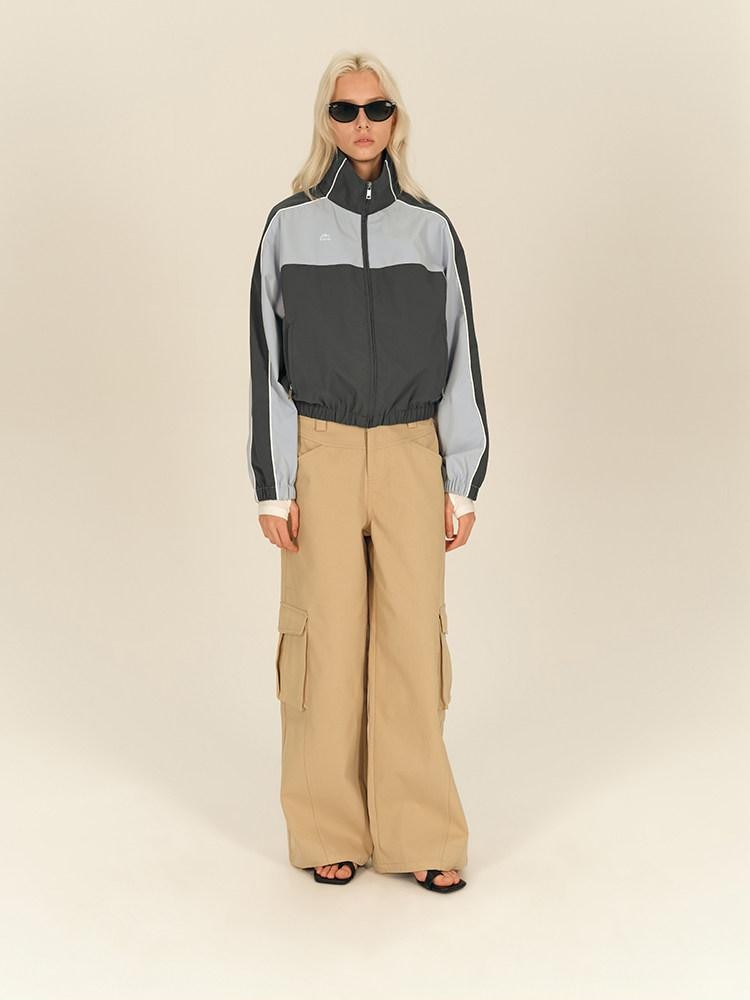 AFTADAWN Light Blue Colorblock Raglan Stand Collar Zipper Women&