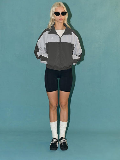 AFTADAWN Light Blue Colorblock Raglan Stand Collar Zipper Women&
