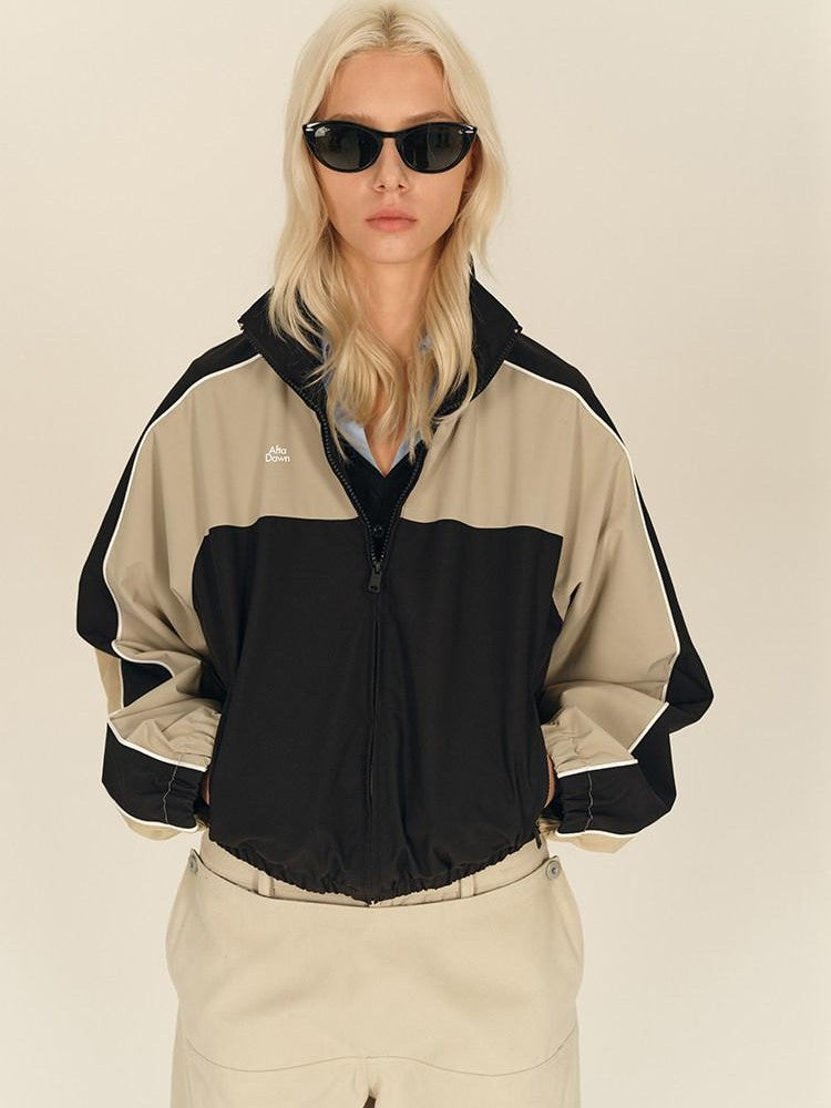 AFTADAWN Light Blue Colorblock Raglan Stand Collar Zipper Women&