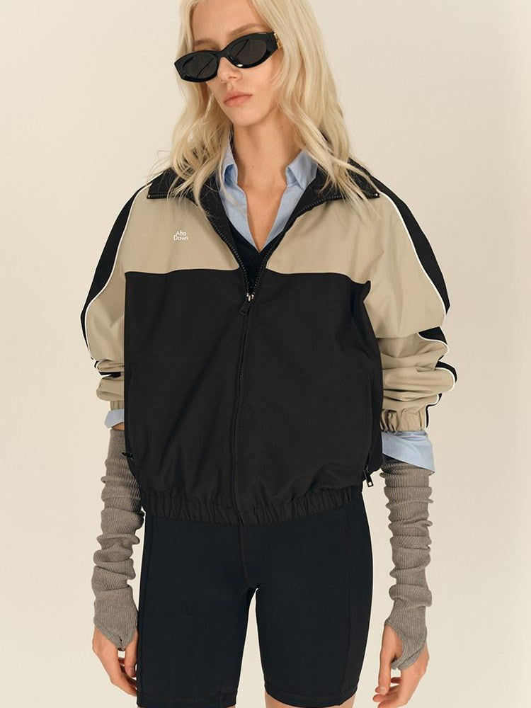 AFTADAWN Light Blue Colorblock Raglan Stand Collar Zipper Women&