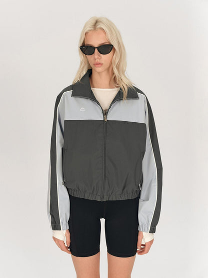 AFTADAWN Light Blue Colorblock Raglan Stand Collar Zipper Women&