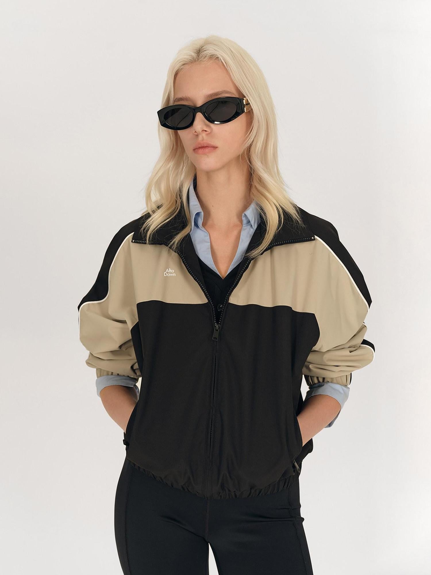 AFTADAWN Light Blue Colorblock Raglan Stand Collar Zipper Women&