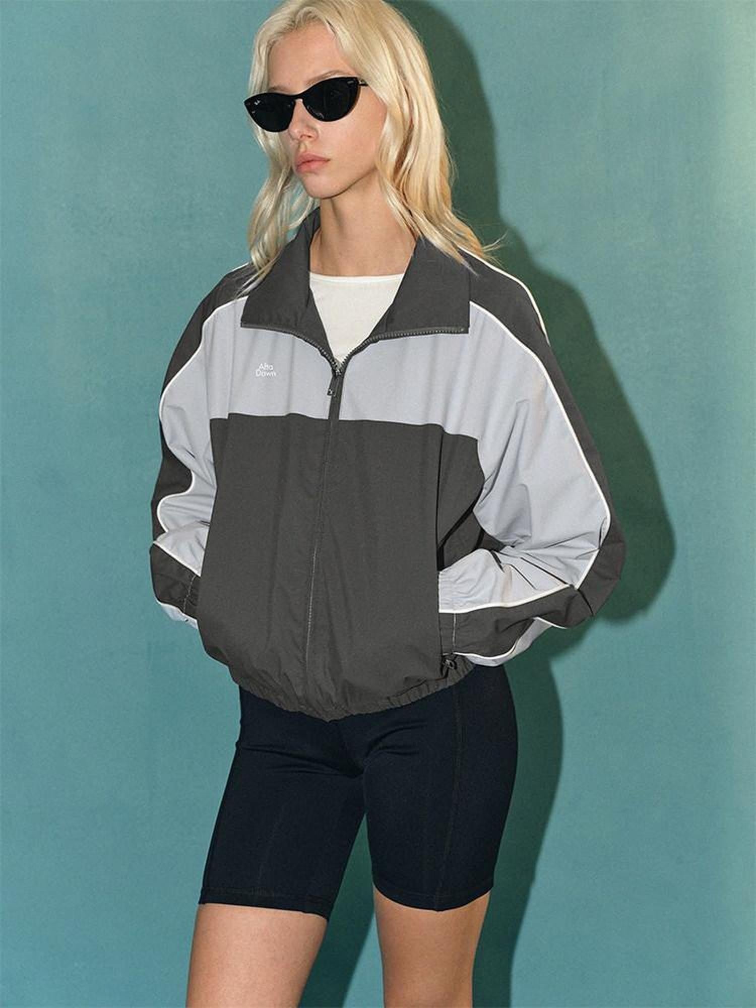 AFTADAWN Light Blue Colorblock Raglan Stand Collar Zipper Women&