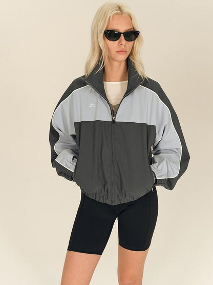 AFTADAWN Light Blue Colorblock Raglan Stand Collar Zipper Women&