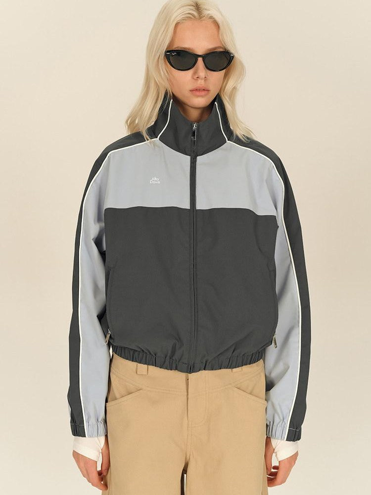 AFTADAWN Light Blue Colorblock Raglan Stand Collar Zipper Women&