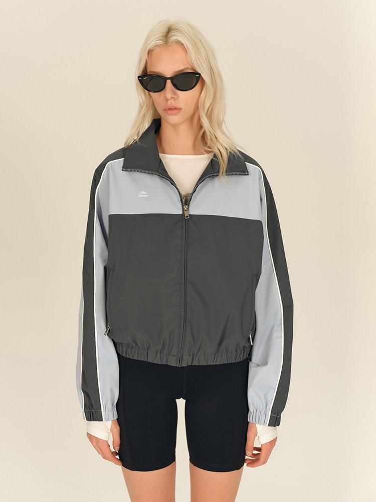 AFTADAWN Light Blue Colorblock Raglan Stand Collar Zipper Women&