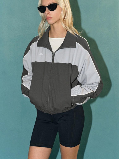 AFTADAWN Light Blue Colorblock Raglan Stand Collar Zipper Women&