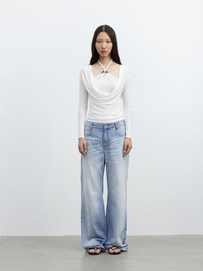 AFTADAWN Light Blue Distressed Whisker Washed Women&
