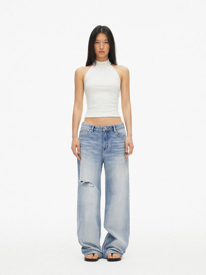 AFTADAWN Light Blue Gradient Washed Ripped Frayed Hem Women&