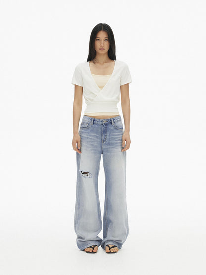 AFTADAWN Light Blue Gradient Washed Ripped Frayed Hem Women&