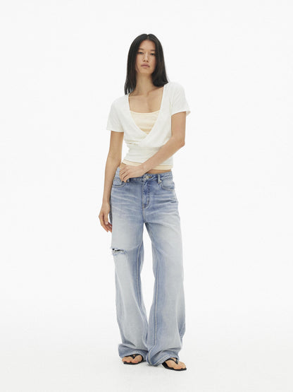 AFTADAWN Light Blue Gradient Washed Ripped Frayed Hem Women&