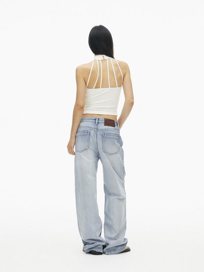 AFTADAWN Light Blue Gradient Washed Ripped Frayed Hem Women&
