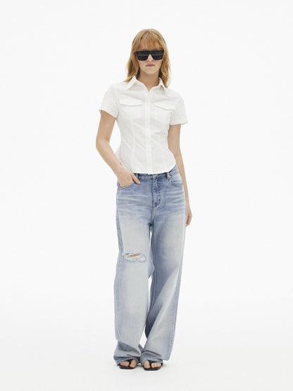 AFTADAWN Light Blue Gradient Washed Ripped Frayed Hem Women&