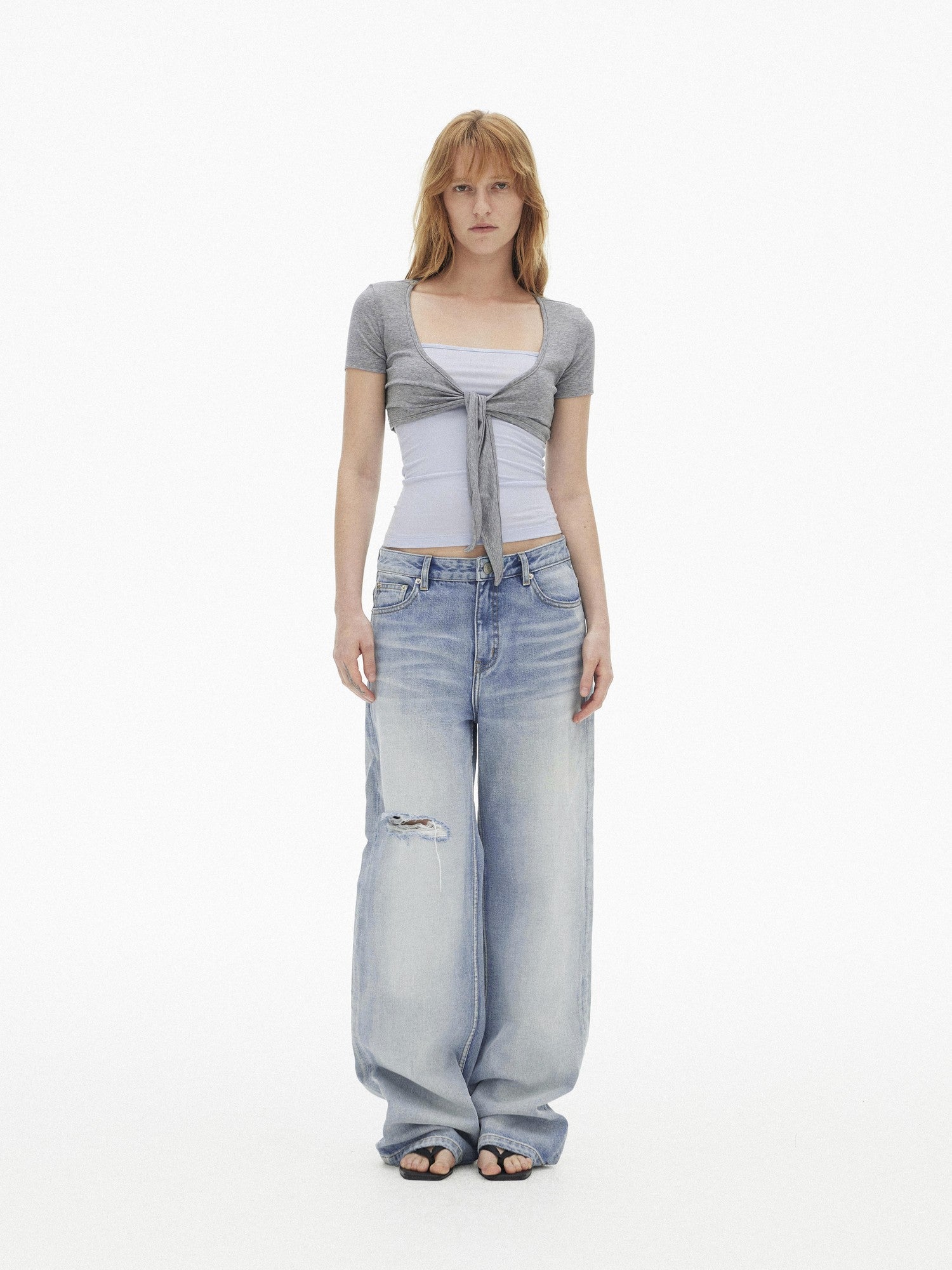 AFTADAWN Light Blue Gradient Washed Ripped Frayed Hem Women&