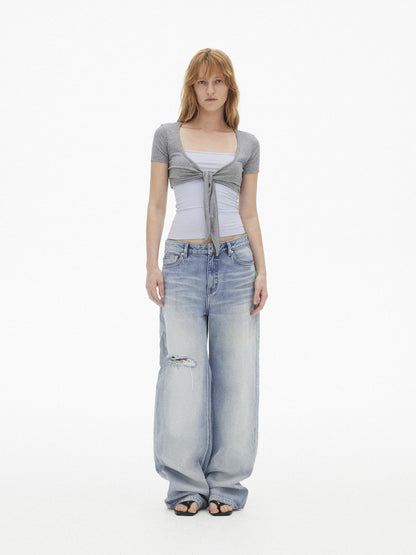 AFTADAWN Light Blue Gradient Washed Ripped Frayed Hem Women&
