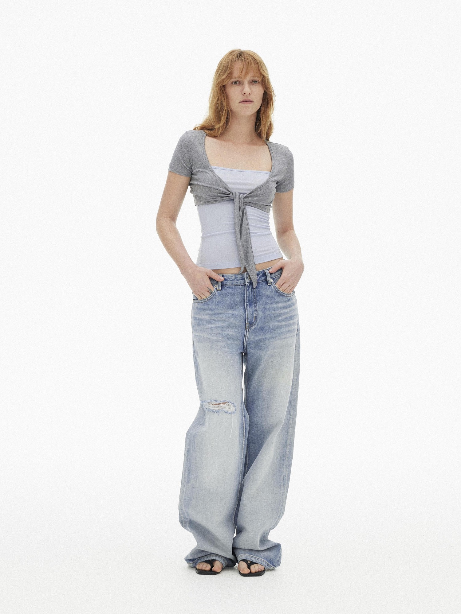 AFTADAWN Light Blue Gradient Washed Ripped Frayed Hem Women&