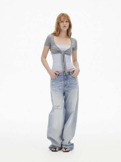 AFTADAWN Light Blue Gradient Washed Ripped Frayed Hem Women&