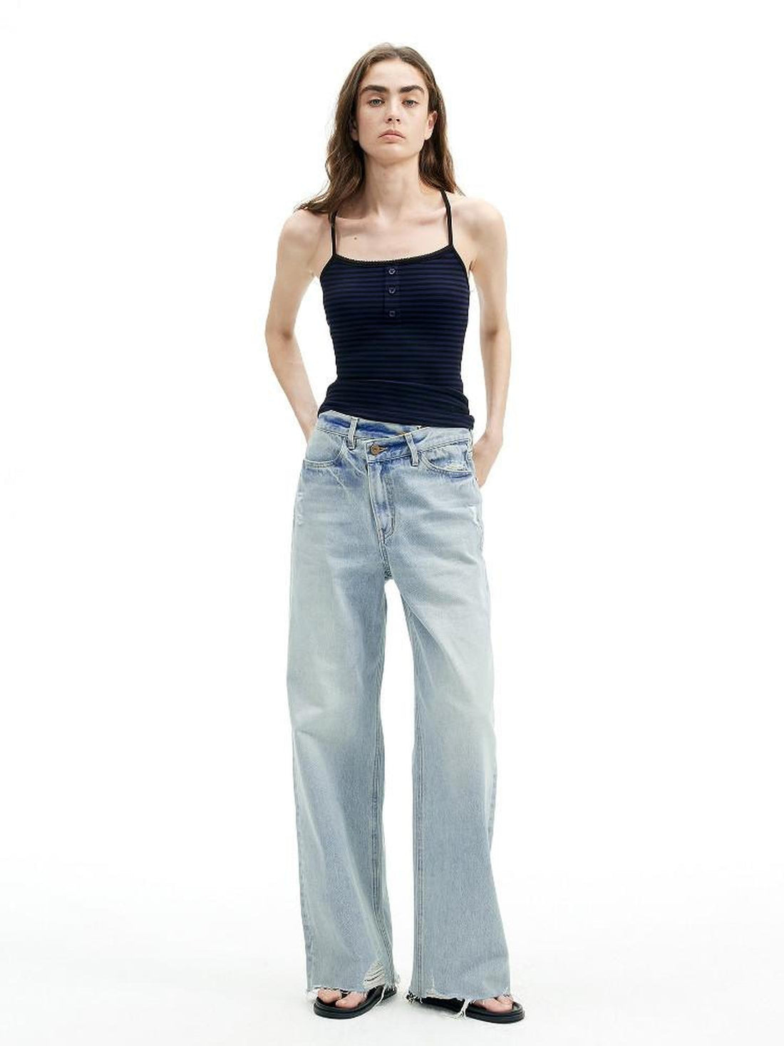 AFTADAWN Light Blue Ripped Slanted Zip Fly Women&