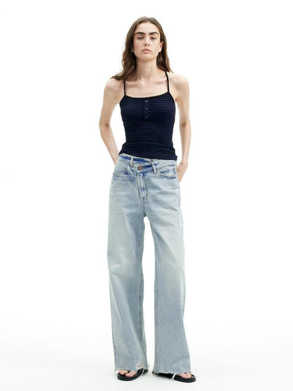 AFTADAWN Light Blue Ripped Slanted Zip Fly Women&
