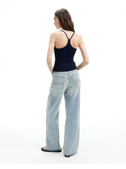 AFTADAWN Light Blue Ripped Slanted Zip Fly Women&