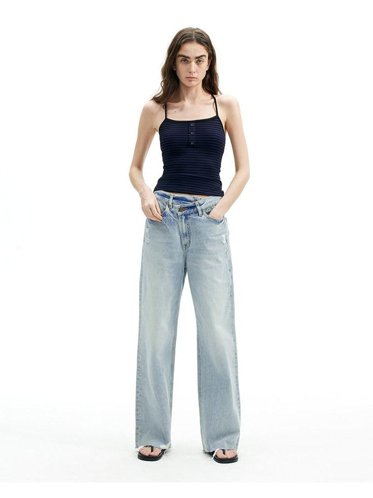 AFTADAWN Light Blue Ripped Slanted Zip Fly Women&