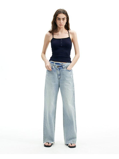 AFTADAWN Light Blue Ripped Slanted Zip Fly Women&