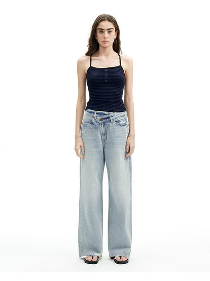 AFTADAWN Light Blue Ripped Slanted Zip Fly Women&