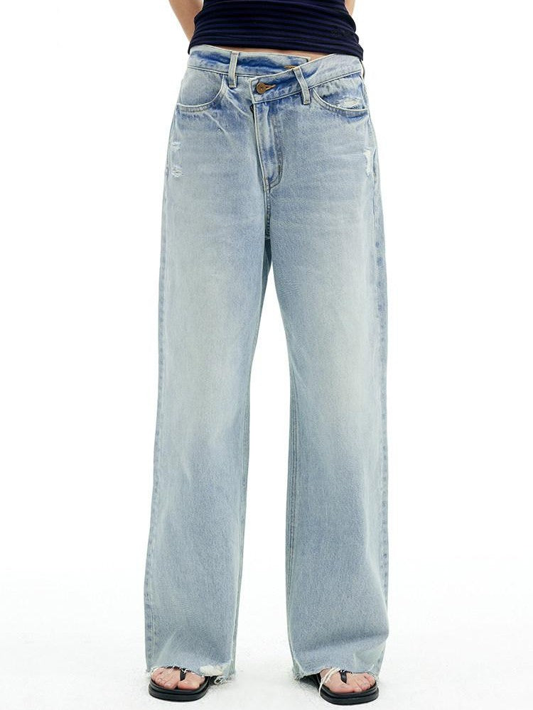 AFTADAWN Light Blue Ripped Slanted Zip Fly Women&