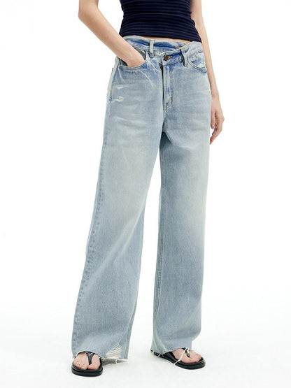 AFTADAWN Light Blue Ripped Slanted Zip Fly Women&