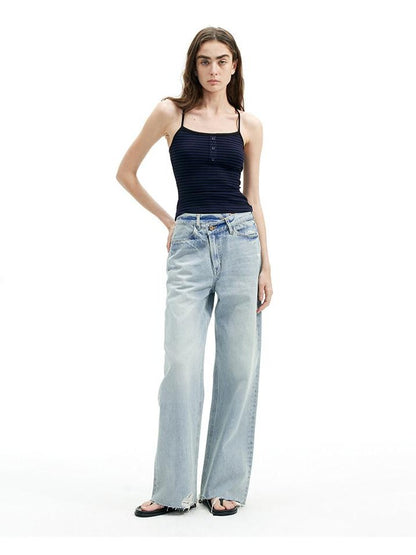AFTADAWN Light Blue Ripped Slanted Zip Fly Women&