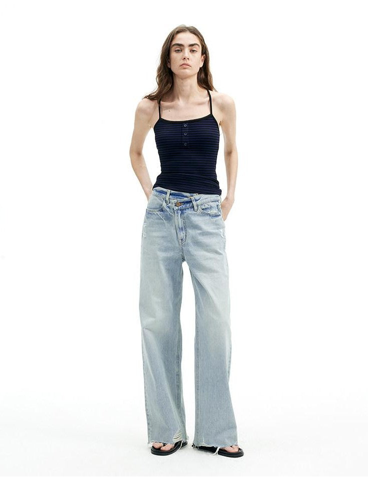 AFTADAWN Light Blue Ripped Slanted Zip Fly Women&