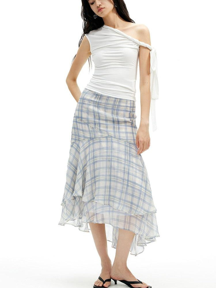 AFTADAWN Light Blue Ruffled Spliced Mesh Mermaid Women&