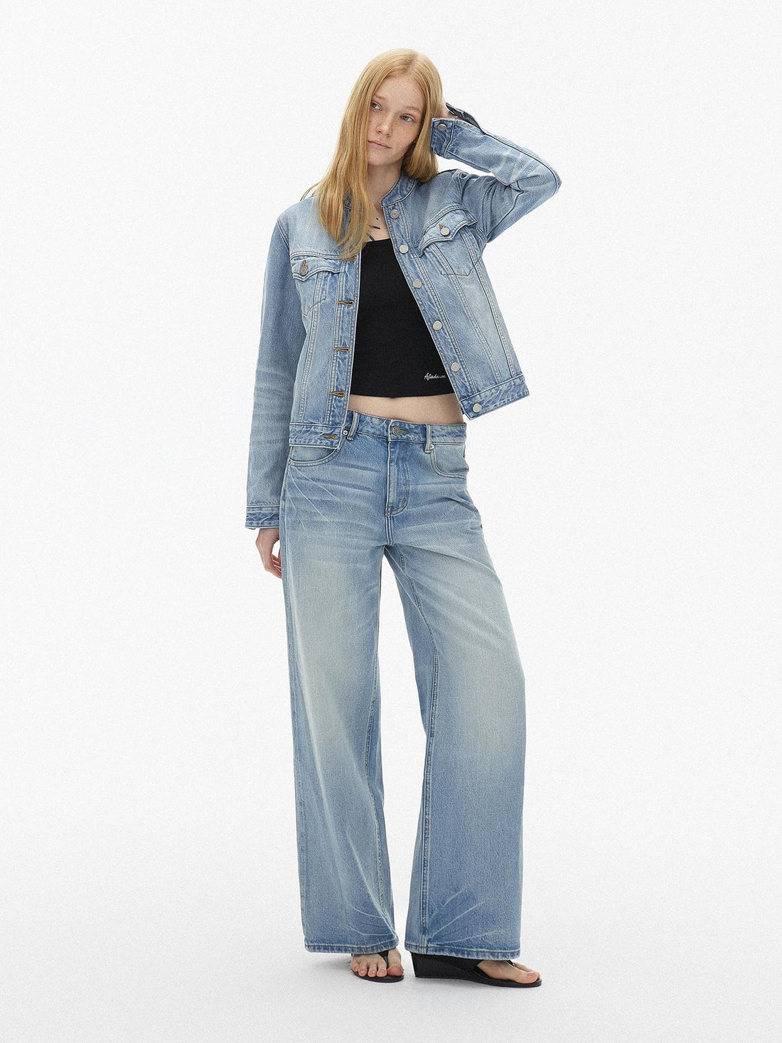 AFTADAWN Light Blue Washed Cat Whisker Stand Collar Cropped Loose Women&
