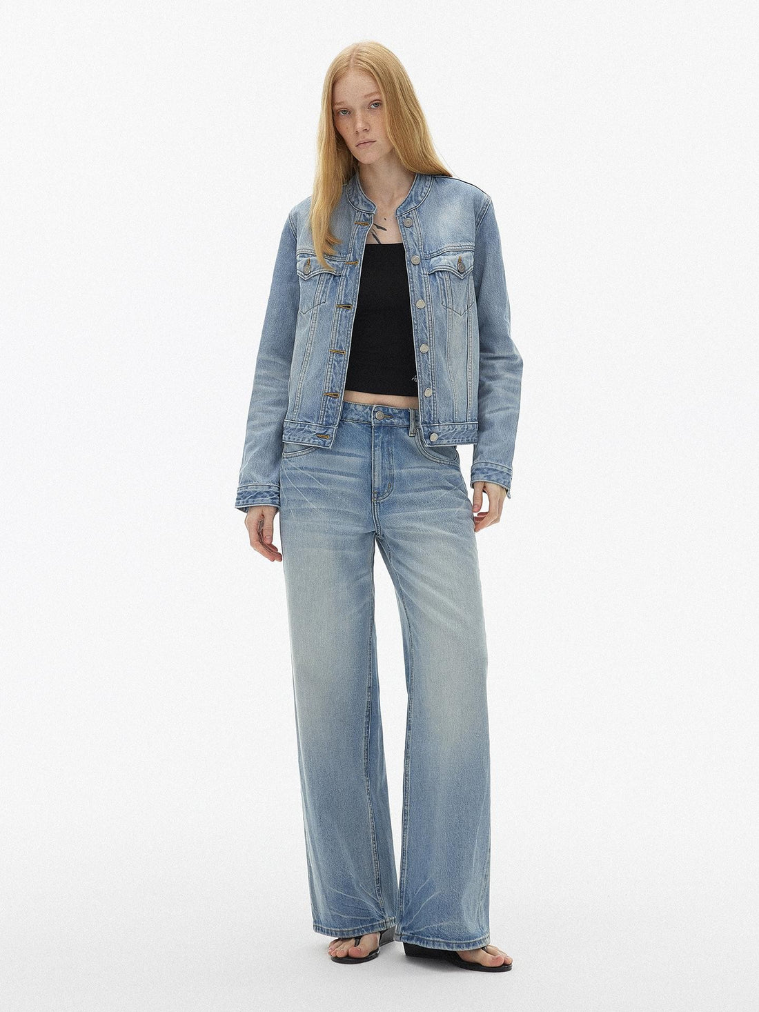 AFTADAWN Light Blue Washed Cat Whisker Stand Collar Cropped Loose Women&