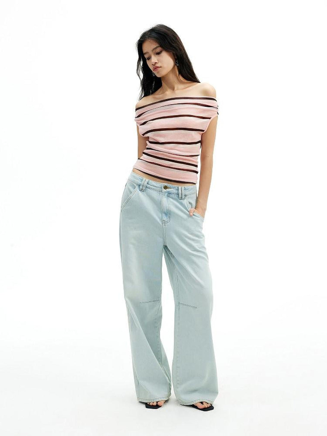 AFTADAWN Light Blue Washed Pleated Relaxed High Waist Women&